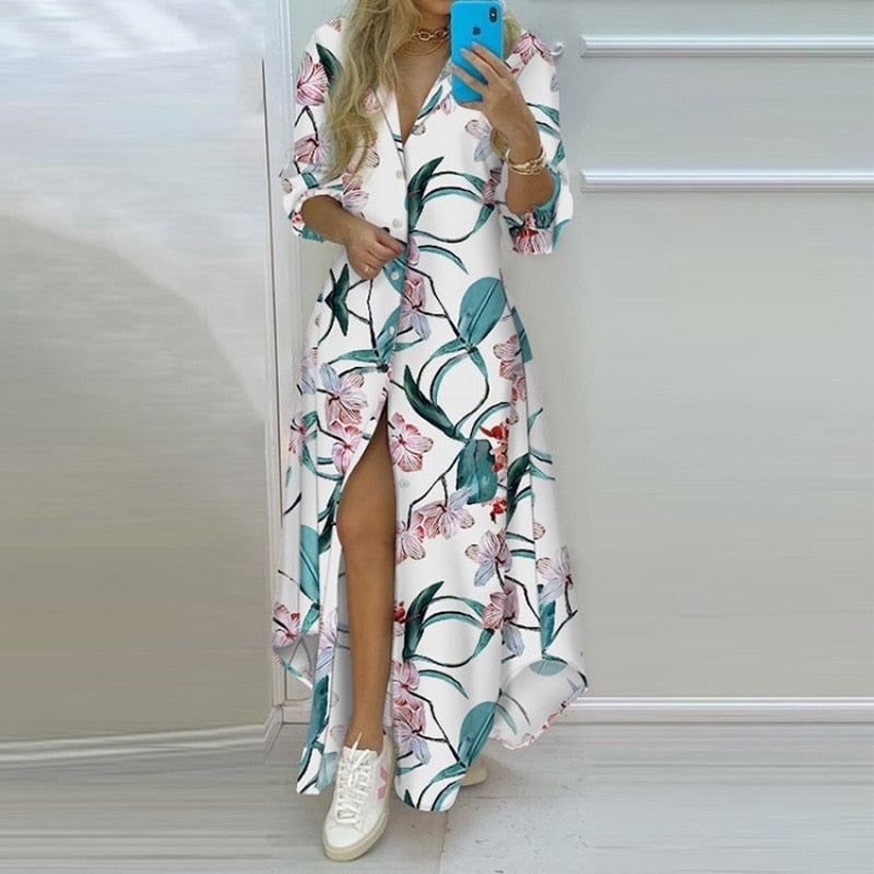 Women Printed Shirt Dress Casual Turn-down Collar Long Sleeve Irregular Maxi Dresses Laides Single Breasted Loose Long dress Color 7