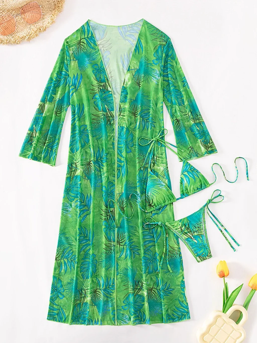 3 Pieces Triangle String Bikini Swimsuit Women & Kimono Swimwear Female Sexy Bathers Bathing Swimming Swim Suit Beachwear