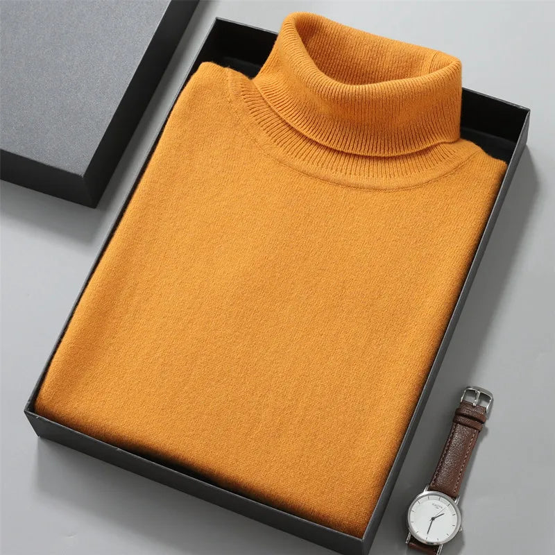 Turtleneck Men Pullovers Autumn Winter Soft Light Warm Rolled Neck Jumper Jersey Pull Homme Knitted Sweater Yellow