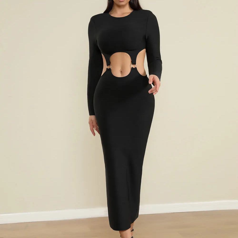 2025 Spring Women's Open Waist Design Black Bandage Dresses O-Neck Long Sleeve Bodycon Long Dress Evening Club Party Vestidos