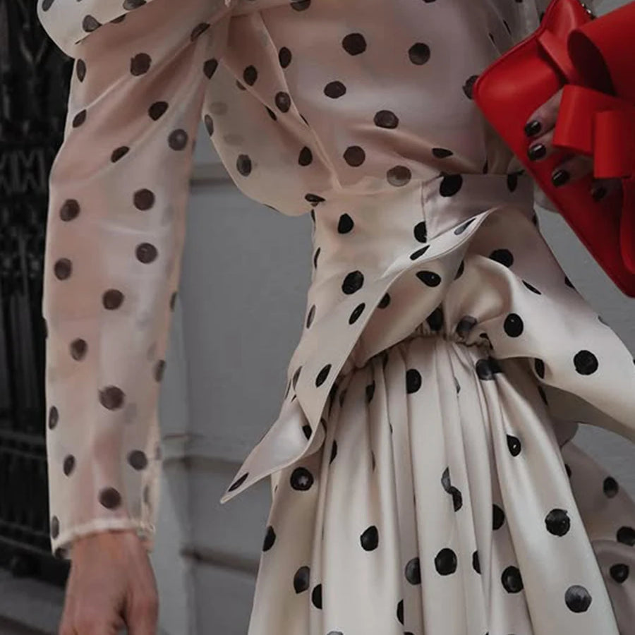 Hit Color Sheer Spliced Wave Point Two Piece Sets for Women Round Neck Long Sleeves Top High Waist Skirt Set Female