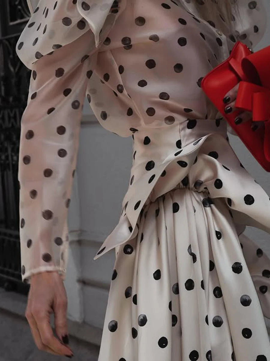 Hit Color Sheer Spliced Wave Point Two Piece Sets for Women Round Neck Long Sleeves Top High Waist Skirt Set Female