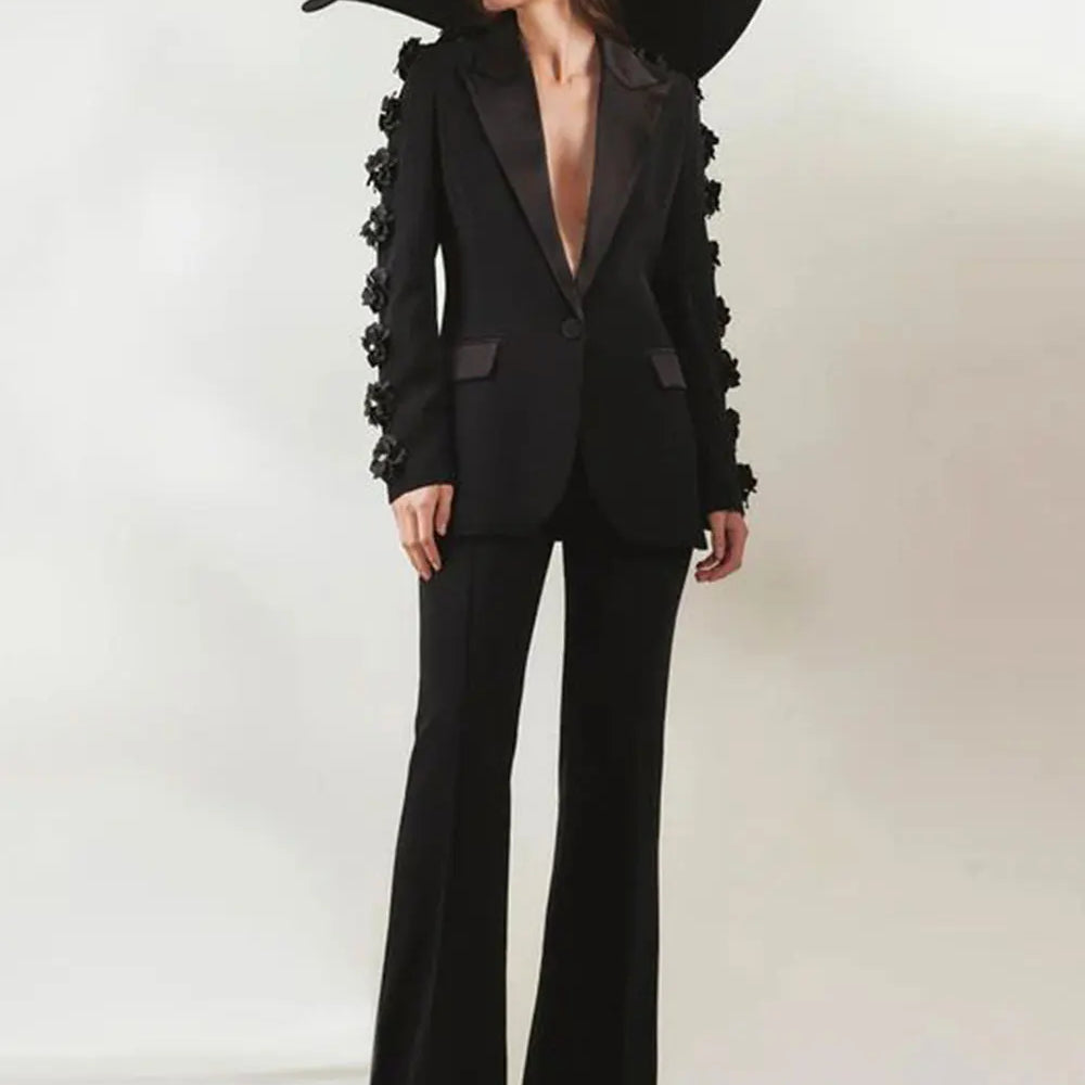 2024 Women Suit Pants Set with Collar, Long Sleeve, Three Dimensional Flower Decoration, Slim Fit Suit Coat+Two Piece Pants Set