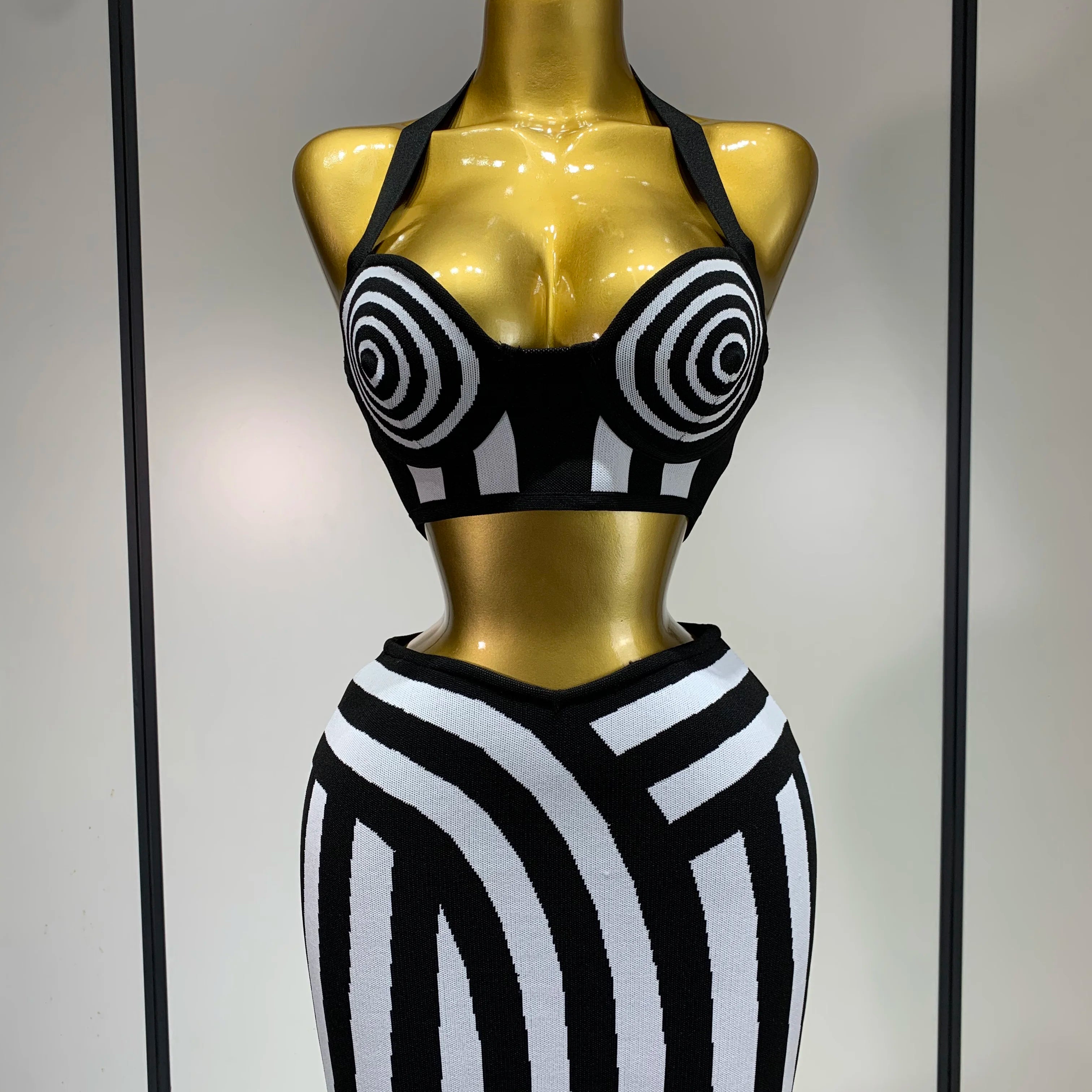 Women Sexy Backless Halter Striped Bandage Skirt Two Piece Set 2025 Knitted Celebrity Elegant Evening Birthday Party Dresses black