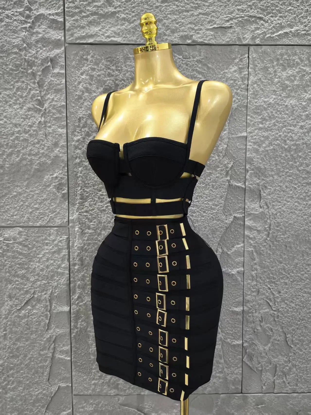 Black Color Women Sleeveless Sexy Strap 2 Pieces Bodycon Mini Bandage Dress Nightclub Party Birthday Fashion Outfit Vestido