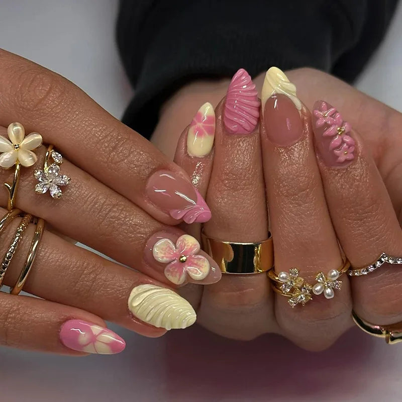 24pcs/set Medium fake nails for women girls 3D embossed flowers butterfly shell designs Summer almond tips press on false nail 2636