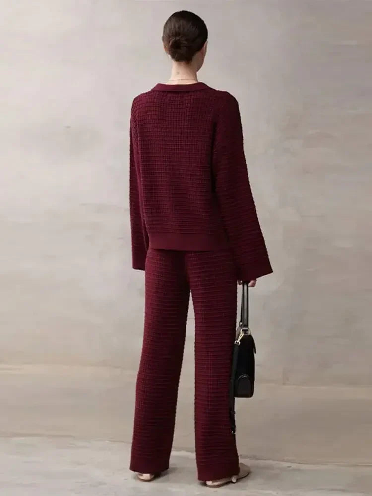 Autumn Women Wine Red Knit Sweater 2 Peice Sets V-neck Cardigan Coats High Waist Wide Leg Pants Ladies Fashion Casual Suits