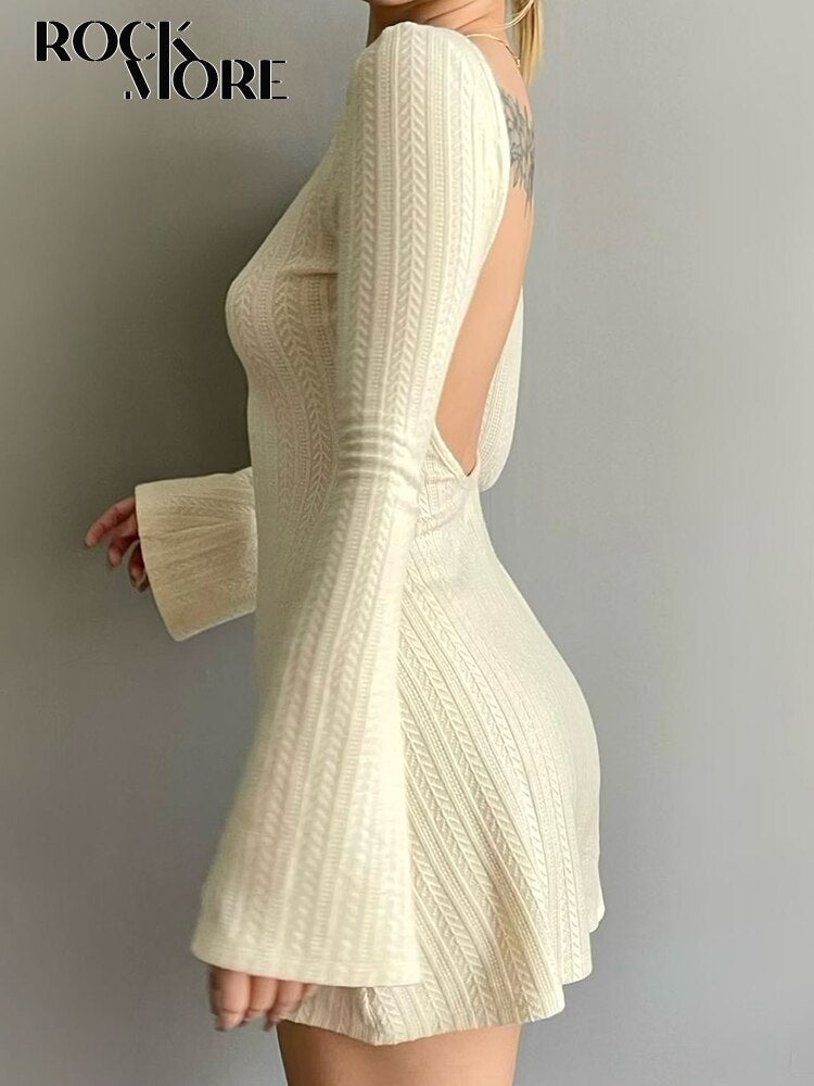 Solid Knitted Backless Dresses for Women Autumn Winter 2024 Elegant Long Sleeve Bodycon Mini Dress Casual