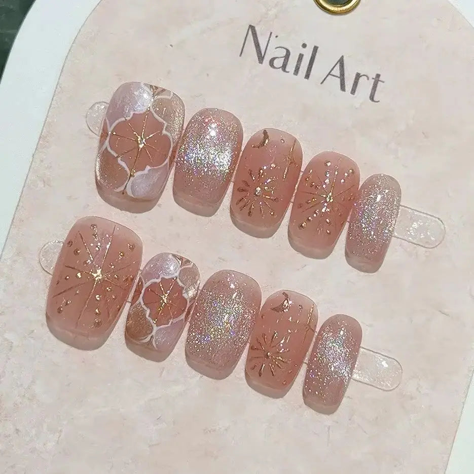 10Pcs Short Square Pink Blush Fake Nails Cat Eye Sparkling Sweet Nail Stickers French Ballet Finished Retro Court Style Nail Art