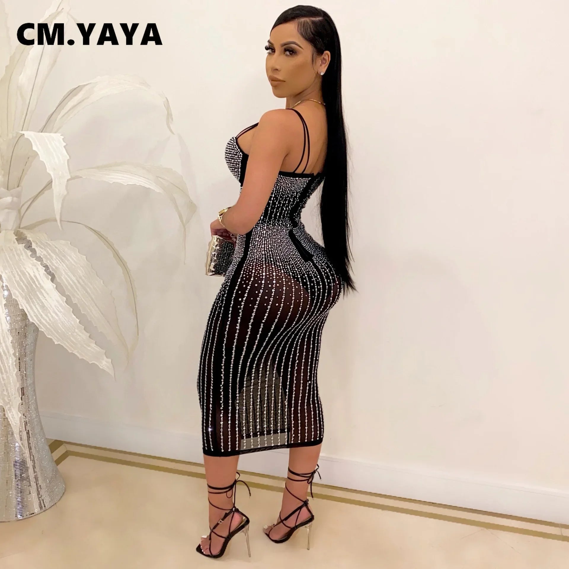 Mesh See Though Hot Rhinestones Plunging V-neck Midi Bodycon Dress Women Sexy Club Party Dresses Pencil Vestidos