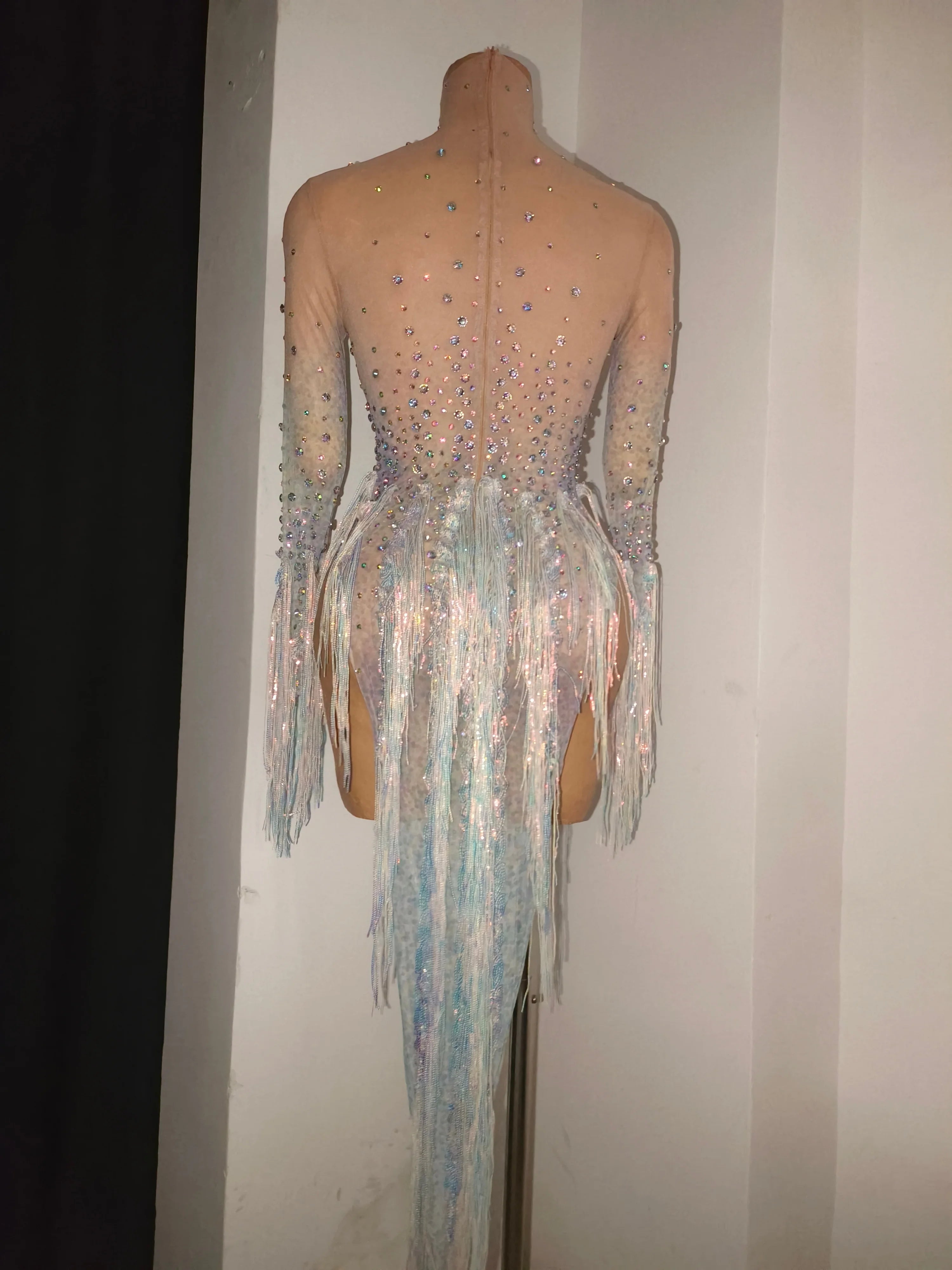 Luxurious Nude Long Sleeve Dress Women Sheer Mesh Iridescent Rhinestone Fringe Embellished Latin Dance Performance Costume