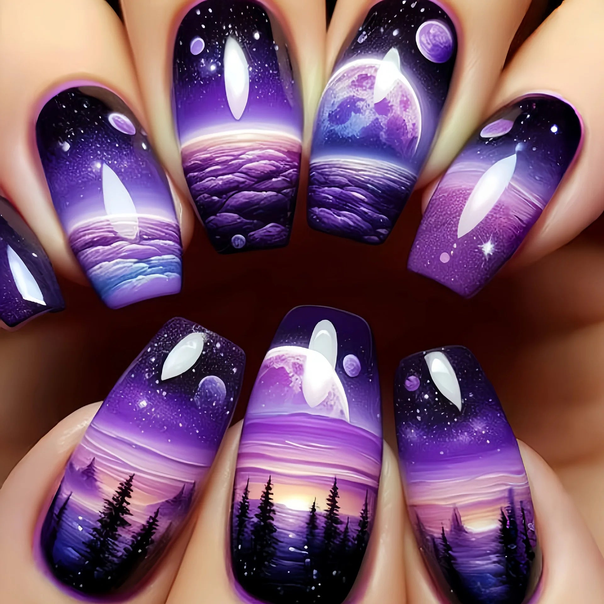 24pcs/set medium long fake nails fashion butterfly feather forest sea wave design gradient blue purple green press on false nail 1780