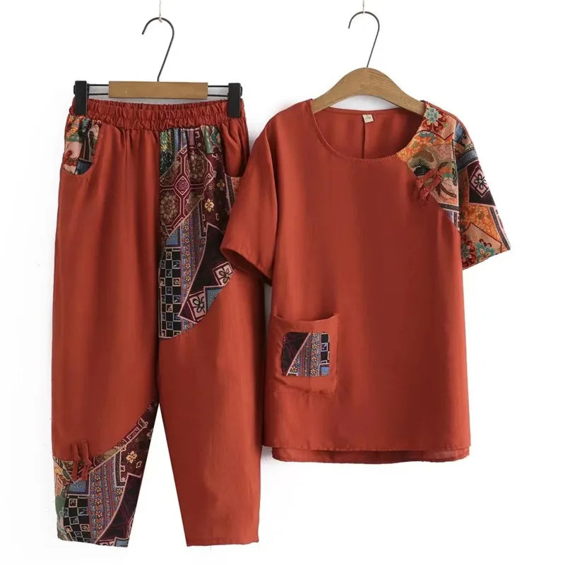 Women's Casual Suit Summer New Fashion Plus Size Clothing Loose Cotton Linen Short SleeveTops Harlan Cropped Pants Two Piece Set Red Suit