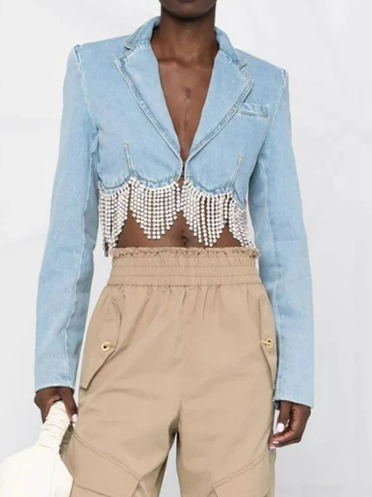 DEAT Women Notched Collar Diamond Tassel Short Denim Coat High Waist Butterfly Hollow Out Jeans Summer New Fashion 29L2717