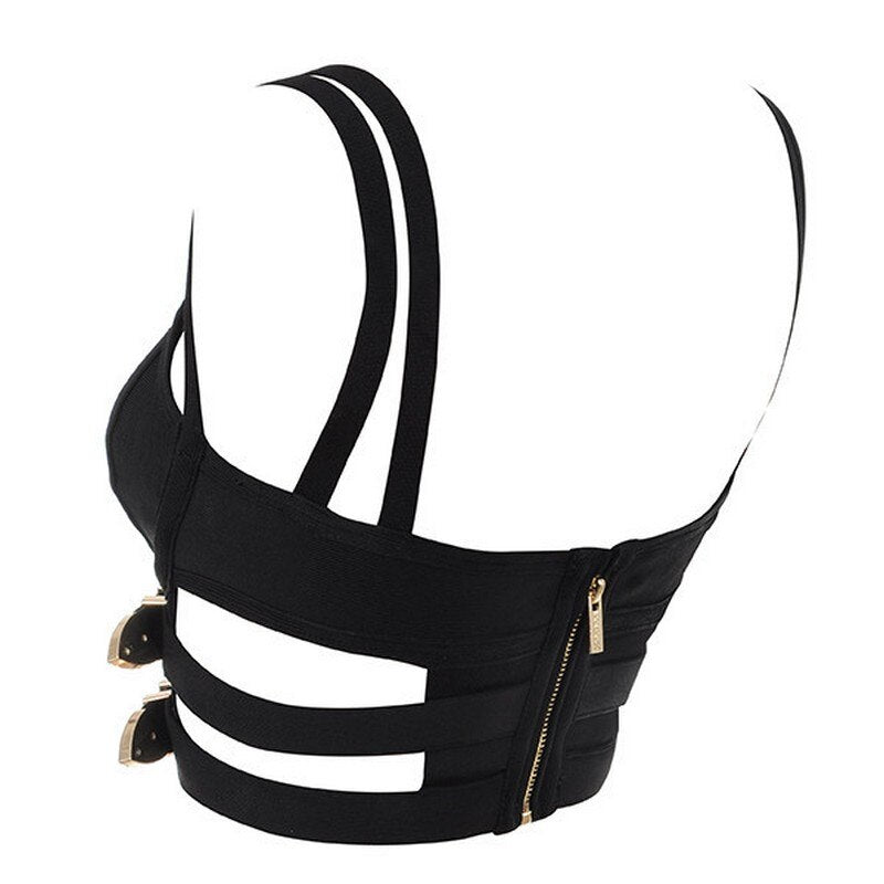 Ribbed Caged Buckle Bralette Sexy Gathered Push Up Camisole Hot Girls Black Crop Tops Vest