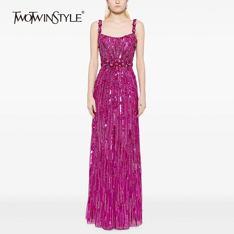 Slimming Spliced Sequins Luxurious Dresses for Women Square Neck Sleeveless Patchwork Bead Elegant Dress Female New