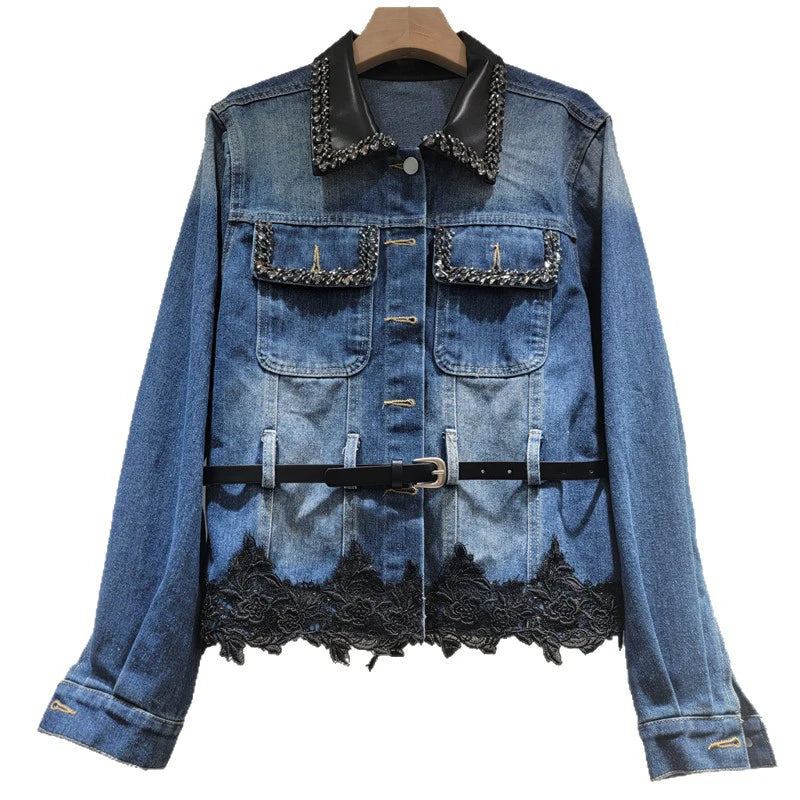 Autumn New Fashion Patchwork Diamond Single-breasted Double Pocket Pleated Lace Trim Denim Jacket For Women 11A07629