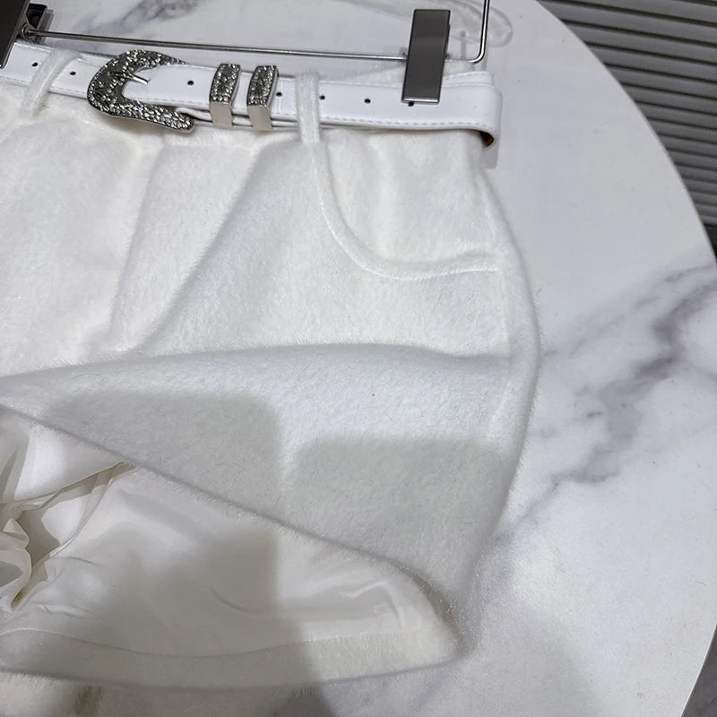 Winter New Fashion Rhinestone Buckle Belt Furry Fabric Shorts For Women Solid Color Versatile Boot Pants 11A07760