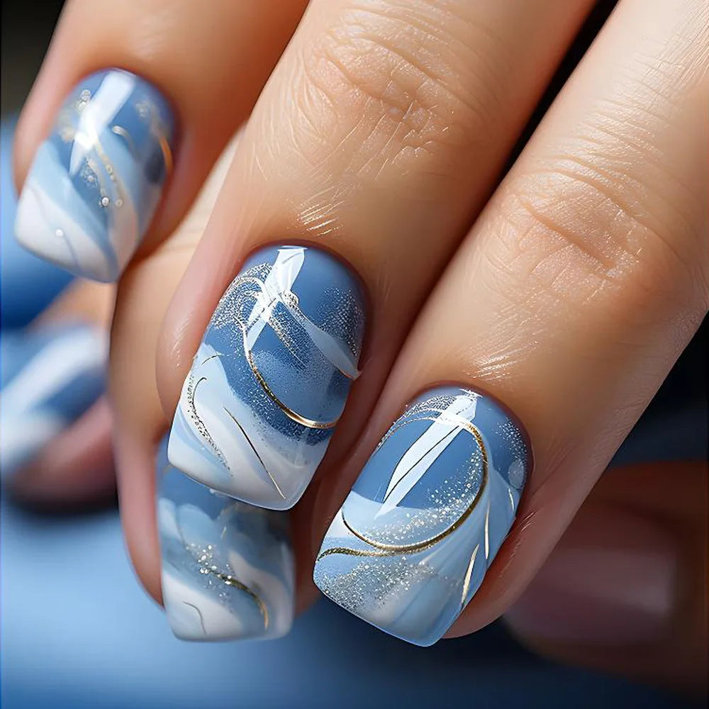 24Pcs Fashion Fake Nails Press on Short Square Head False Nail Art Black Starlit Sky Design Artifical Full Cover Nail Tips 1216