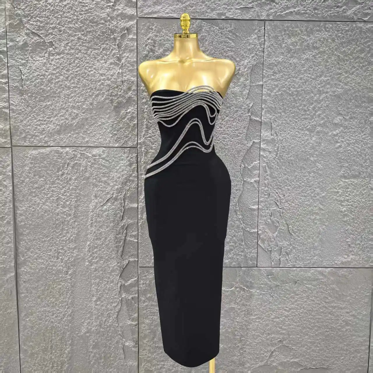 High Women Sexy Strapless Shinning Sequins Bodycon Long Bandage Dress Celebrate Evening Party Cocktail Outfit Vestido black