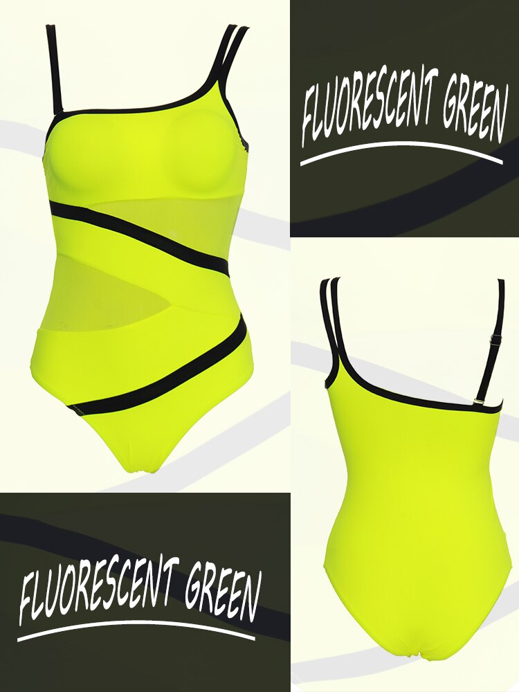 Sexy Mesh One-Piece Swimwear - One Shoulder Swimsuit Bodysuit Beachwear Brazilian Bathing Suits Summer Monokini Fluorescent Green
