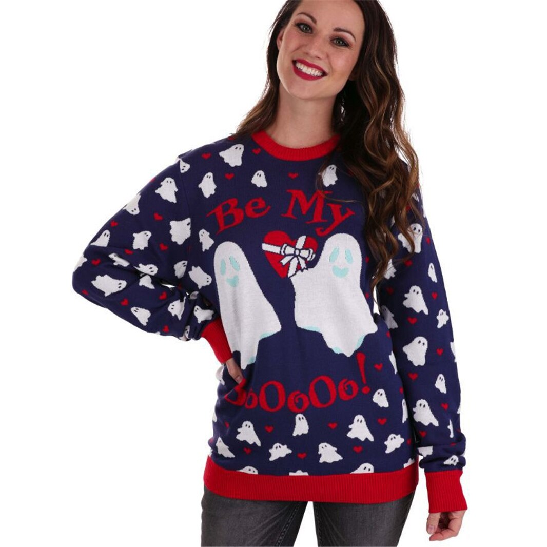Pull d'Halloween unisexe en tricot mignon, motif Be My Boo Ghost, col rond, bleu marine, drôle pour hommes et femmes