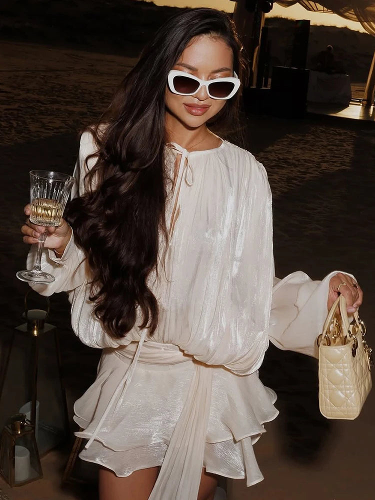 Chic Chiffon Mini Dress with Tie-Neck and Lantern Long Sleeves for a Garden Party Evening Gown