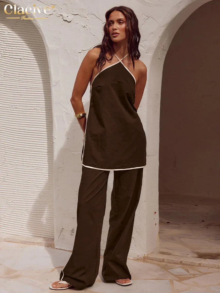 Clacive Elegant Loose Brown Cotton 2-Iece Sets For Women Sexy Halter Sleeveless Tank Top With High Waist Wide Pants Set Female Brown