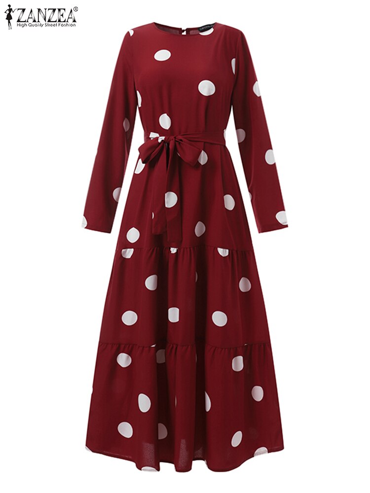 ZANZEA Women Spring Muslim Dress Elegant Casual Loose Abaya Kaftan Sundress Long Sleeved Polka Dots Printed O-Neck Maxi Robe