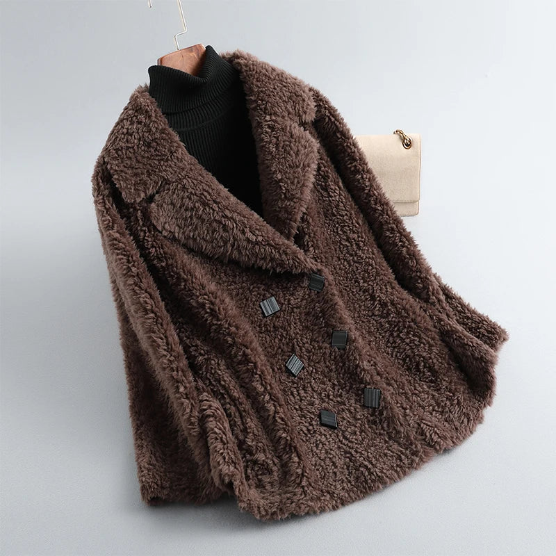 AYUNSUE Short Real Sheep Shearling Coat Female Winter 2021 Casual Korean Wool Jackets Women's Fur Coats Casaco Feminino Gxy431 Chocolate