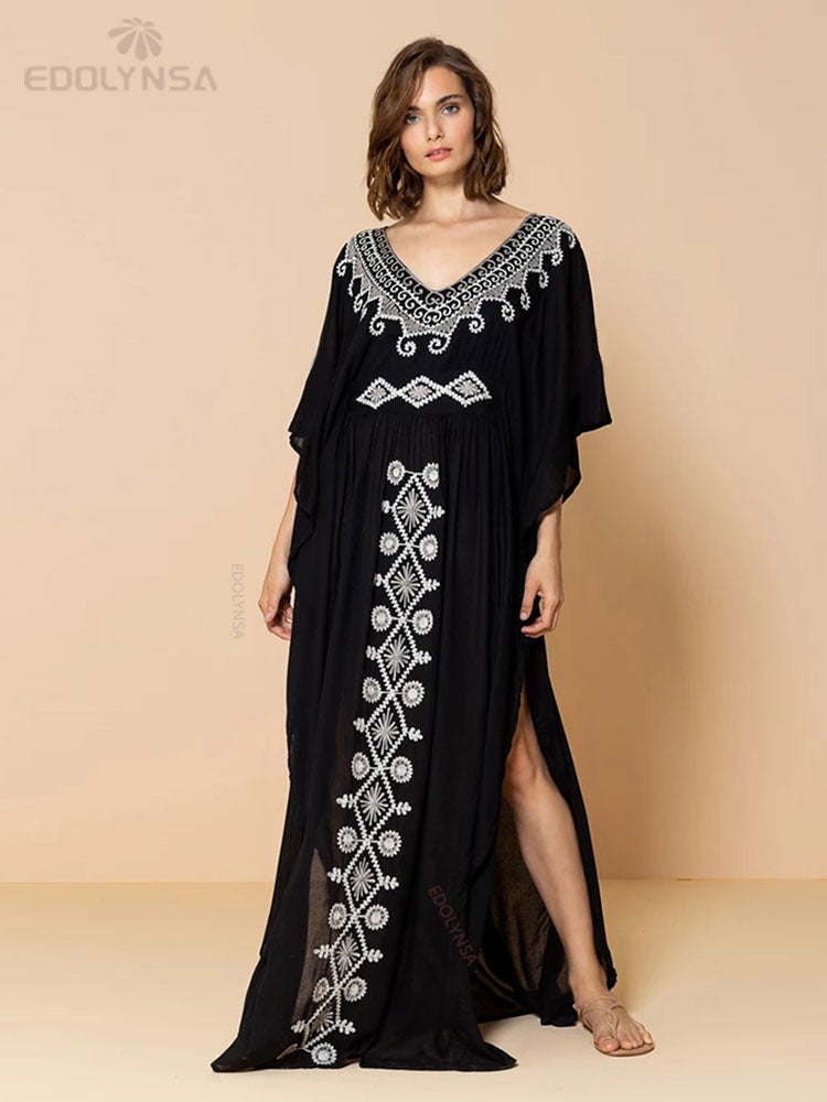 Plus Size Kaftan Tunic Beach Dress Swim Wear Bathing Suit Cover Up 1052-black One Size