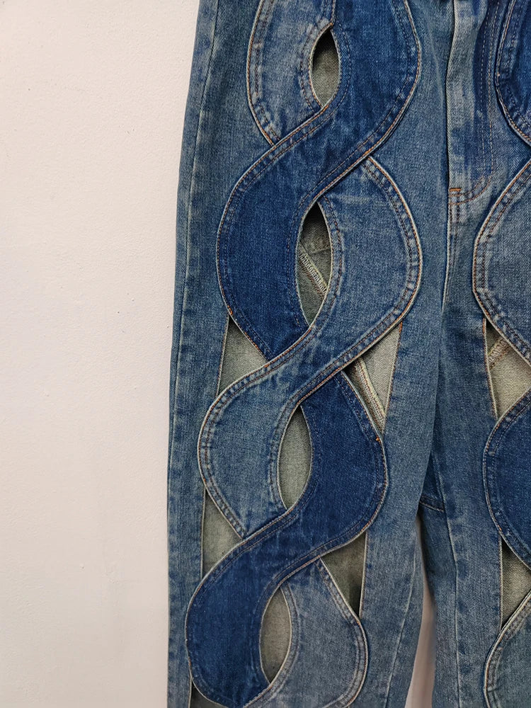 DEAT Fashion Women's Jeans High Waist Cross Contrast Color Hollow Out Metal Button Straight Denim Pants Summer New 17A8765H