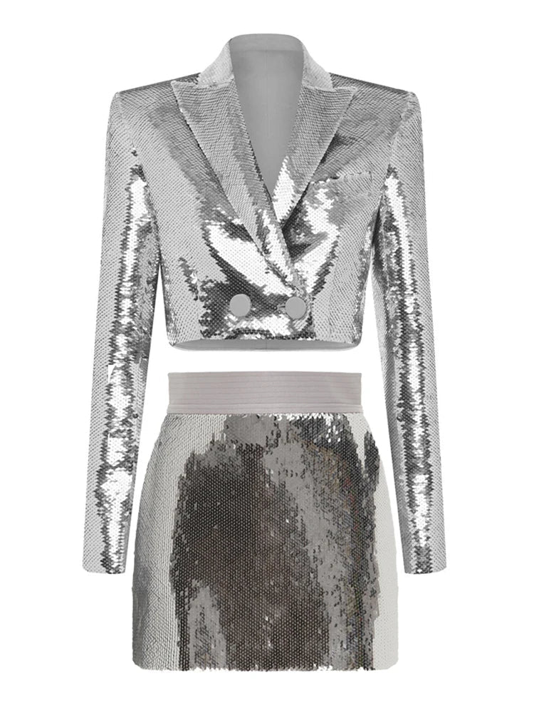 HIGH STREET Newest Stylish Designer Suit Set Women's Glitter Seqeuined Crop Short Jacket Skirt Suit 2pcs Silver