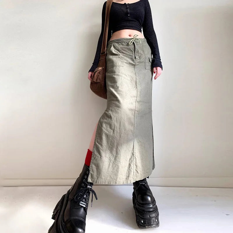 Xingqing Fairycore Aesthetic Cargo Skirt y2k Solid Color Drawstring Low Waist Long Skirt with Pockets 2000s Women Streetwear