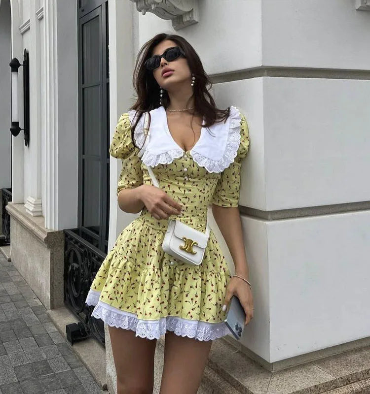 Women's Clothing Summer Doll Collar Floral Short Sleeve Dress Slim Fit Waist Tutu Skirt Lace Club Party Dress Vestidos yellow