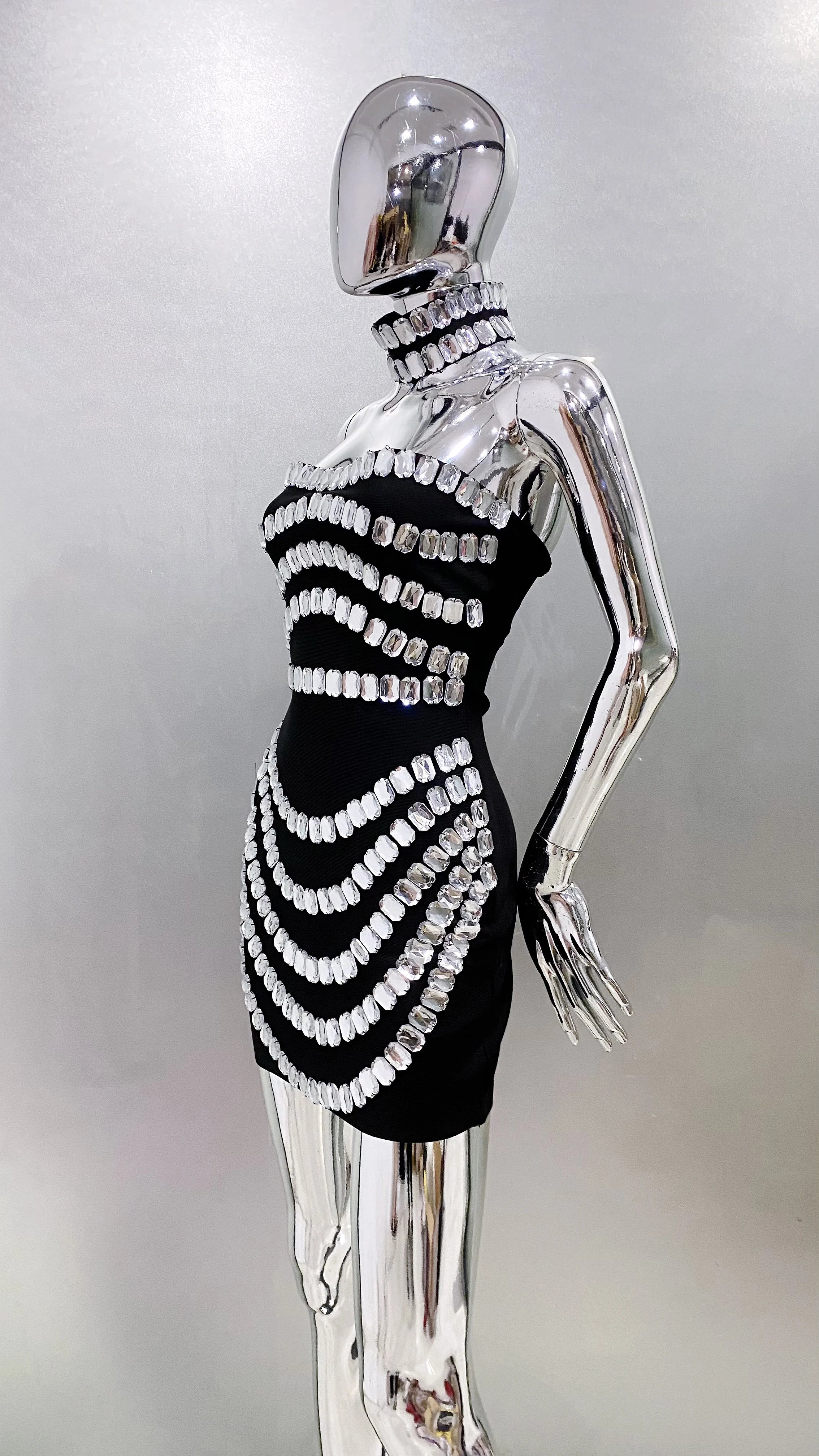 2025 Stylish Necklace Shining Diamonds Strapless Black Bandage Mini Dress Fashion Woman Party Vestido Celebrity Birthday Outfit