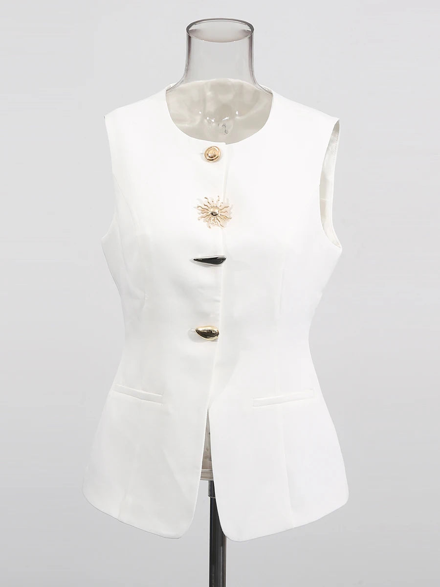 Solid Slimming Split Vests for Women Round Neck Sleeveless Patchwork Irregular Button Fashion Vest Female Clothing WHITE