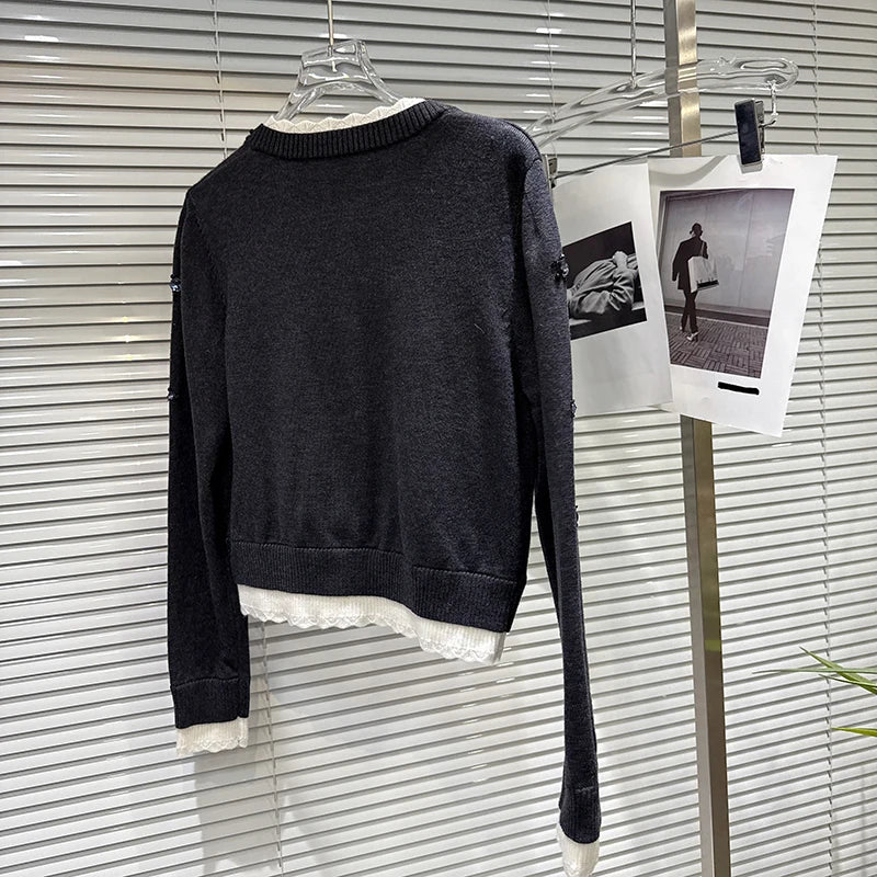 Winter New Fashion Beaded Rhinestone Contrast Color Lace Collar Knitted Cardigan Sweater For Women 11A07845