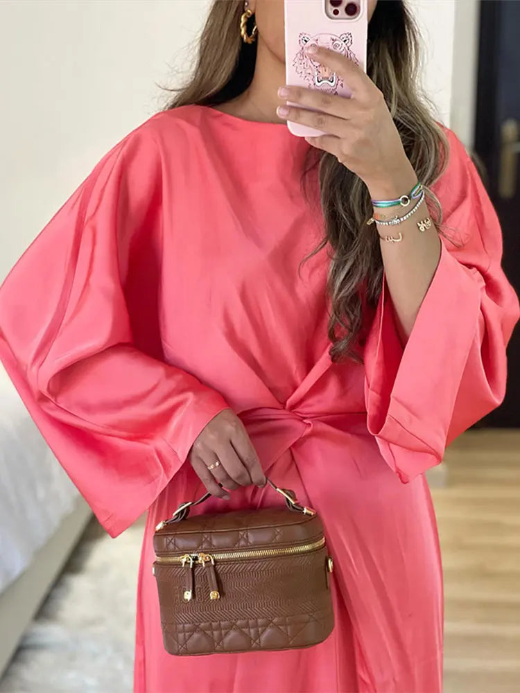 Solid Satin Batwing Sleeve Pleated Maxi Dress Women Fashion Long Sleeve O-neck High Waist Vestidos Lady Casual Loose Robes
