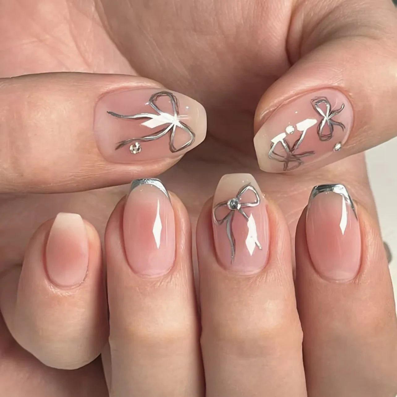 24Pcs Cat's Eye Leopard Print Gradient Fake Nails Mid-length Ballet Press on False Nails 3D Bow Detachable Full Cover Nails Tips JP4101