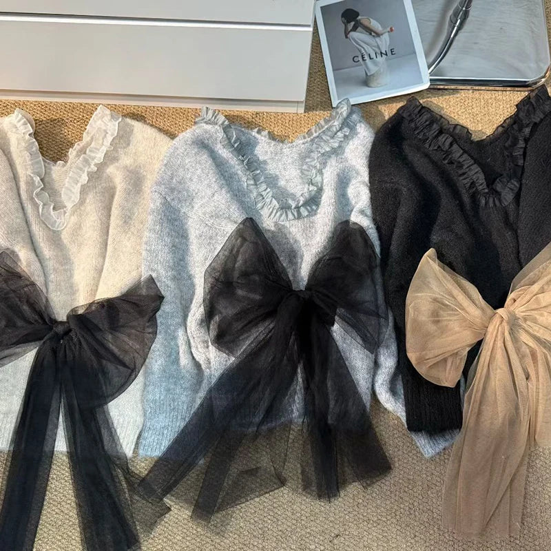 Autumn Winter New Design Backless Bow Knitted Sweater Top For Women Loose Soft Niche Pullover Female Trendy 11A07622