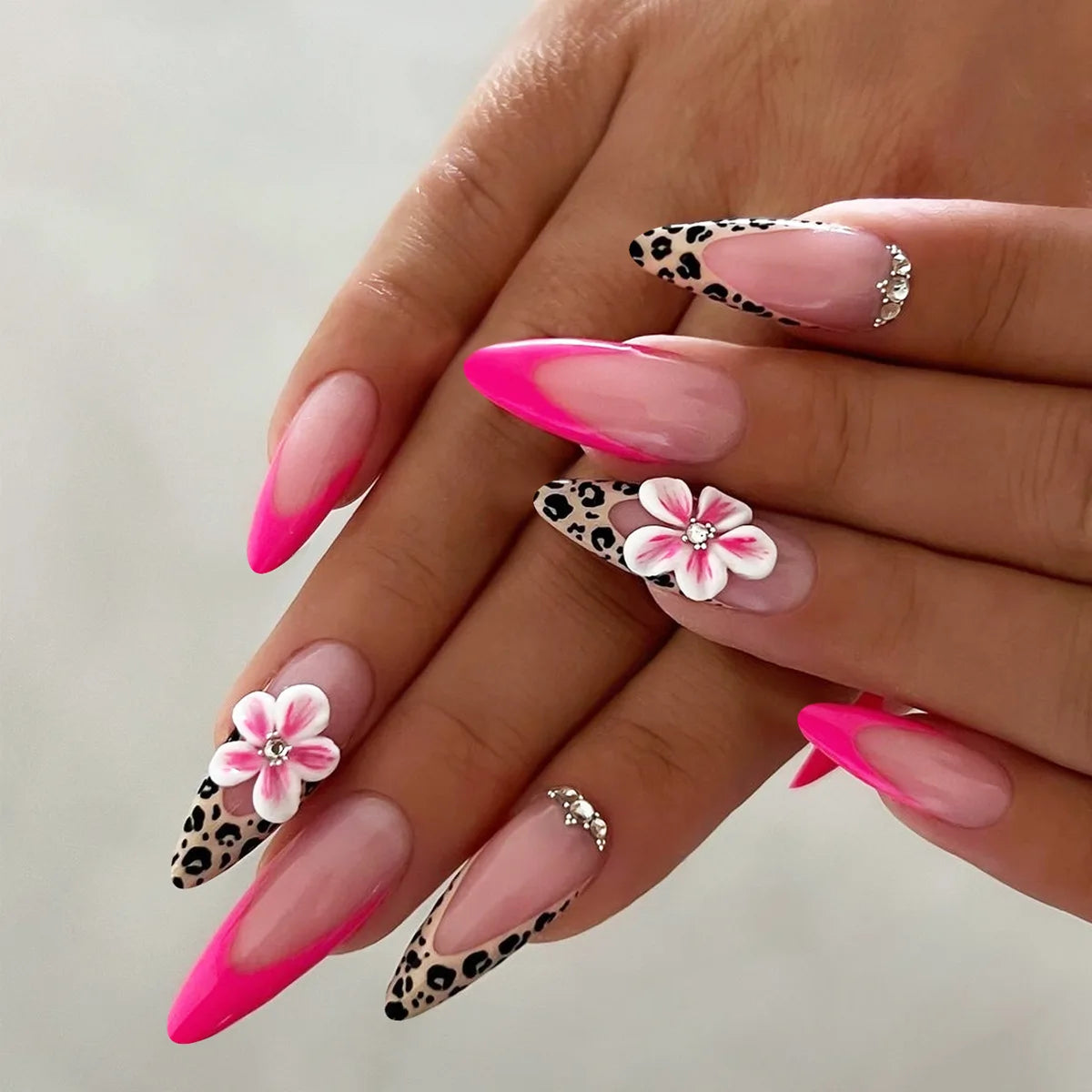 24Pcs French Leopard Print Fake Nails 3D Flower Almond Stiletto Nails Detachable Acrylic Press on Nails Full Cover Nail Tips Art 1