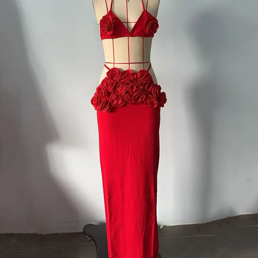 Sexy Women'S Three-Dimensional Flower Bandage Long Dress Set Spaghetti Strap Sleeveless Ultra Short Vest + Skirt Two-Piece Set not bandage