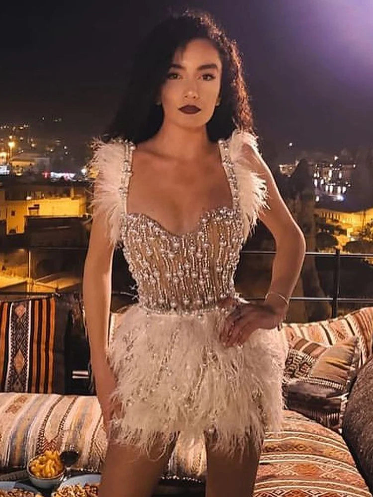 Birthday Party Dresses For Women Luxury Formal Occasions Straps Sleeveless Feather Design Mini Dress Vestidos