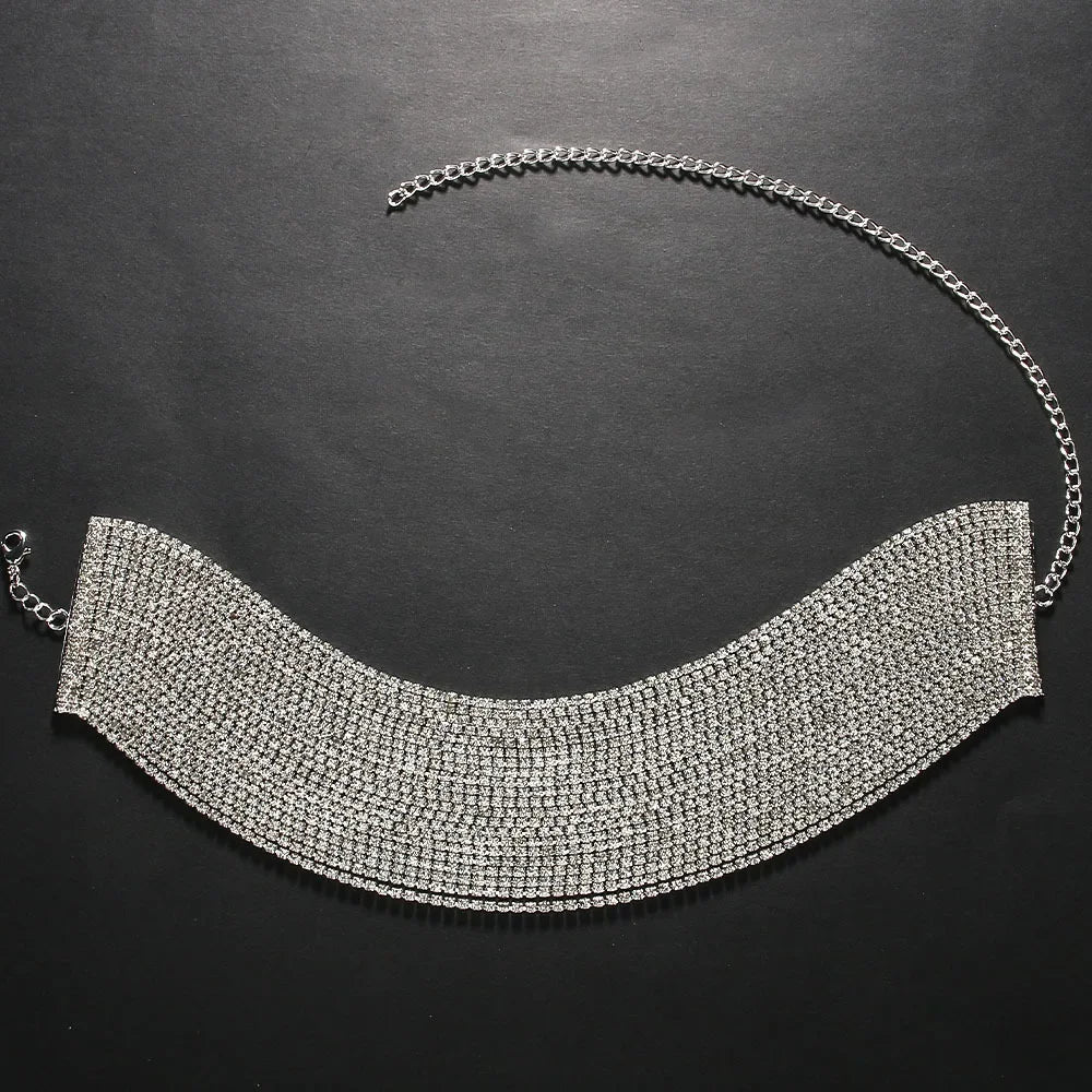 Fashion Rhinestone Multilayer Choker Necklace Collar Statement Crystal Chunky Clavicle Chain Necklace for Women Jewelry Gift Silver