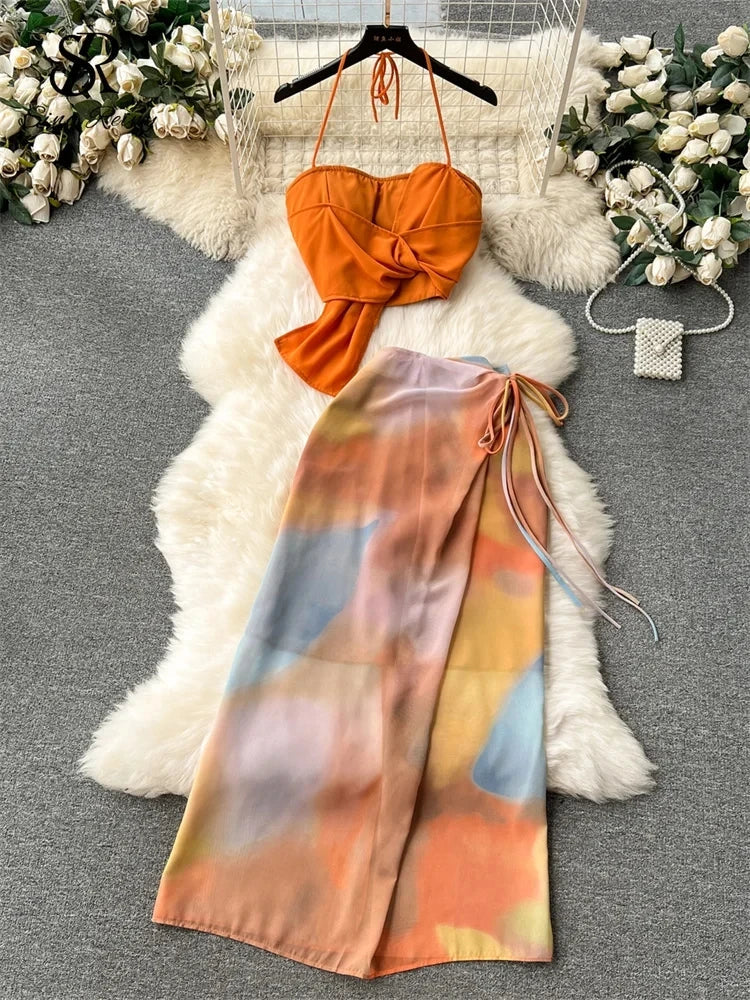 SINGREINY Holiday Suits Strapless Halter Strapless Top+Zipper Tie Dye Skirt Female Fashion Sexy Two Pieces Suit orange
