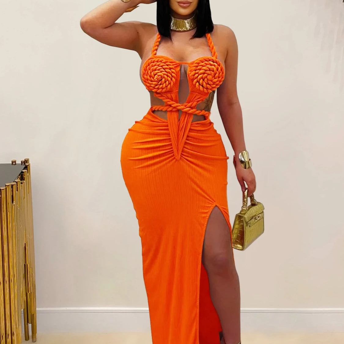 Women Hemp Rope Halter Neck Stacked Ruched High Split Knit Bodycon Midi Maxi Long Dress 2025 Birthday Sexy Party Dresses