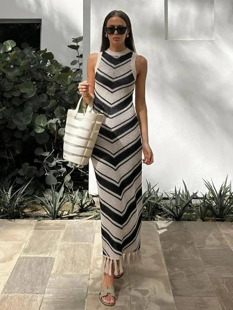 Summer Knitted Beach Dress Women Elegant Fashion Tassel Striped Long Dresses Summer Slim Bohemian Holiday Outfits Beachwear