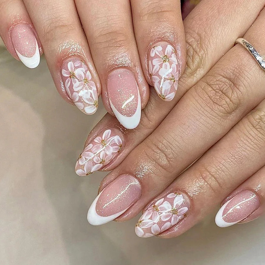 24Pcs Press on False Nails Simple Garden Fresh Flowers Design Sweet Fake Nails Tips Art Wearable Almond Stiletto Oval Manicure 15