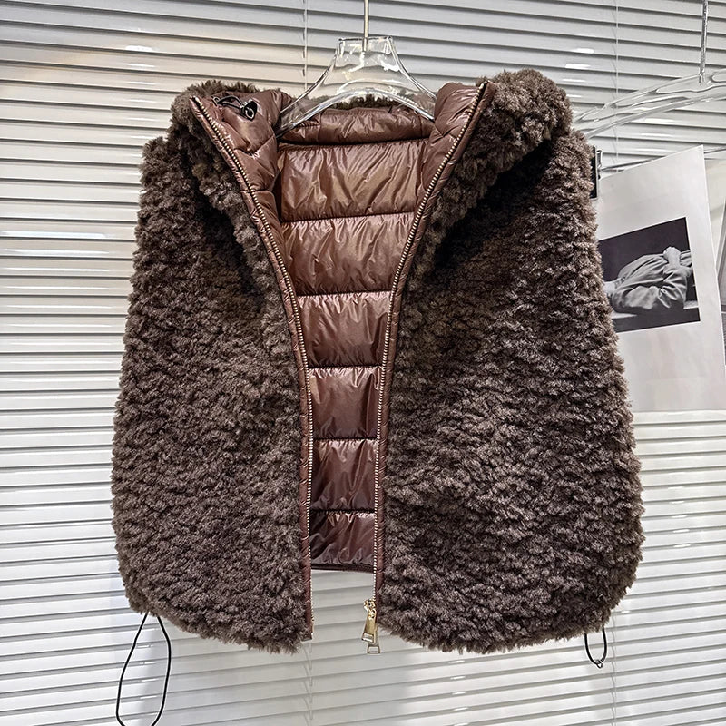 Winter New Fashion Fur Patchwork Design Hooded Warm Cotton Vest For Women Versatile High Street Waistcoat 11A07740